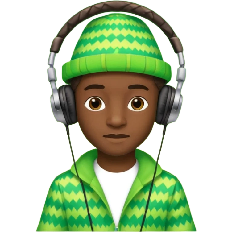 Create me an emoji of a cool Young Nigerian prince wearing a neon green gradient African patterns with  a hula hat (a Nigerian-inspired hat) and wearing cool headphones. emoji