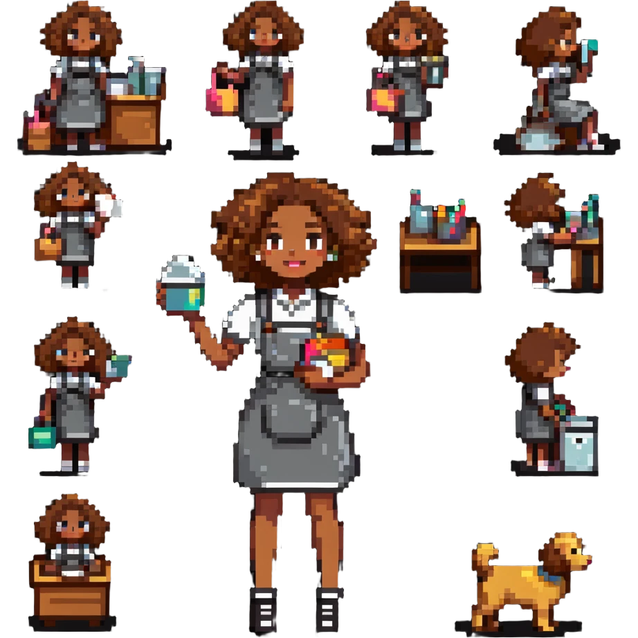 brown woman with curly hair, it girl style, doing everyday activities emoji