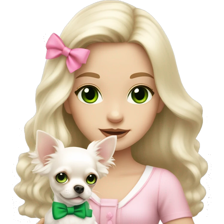 pale blond girl with wavy long platinum hair with green eyes holding a white chihuahua puppy that wearing a pink bow emoji