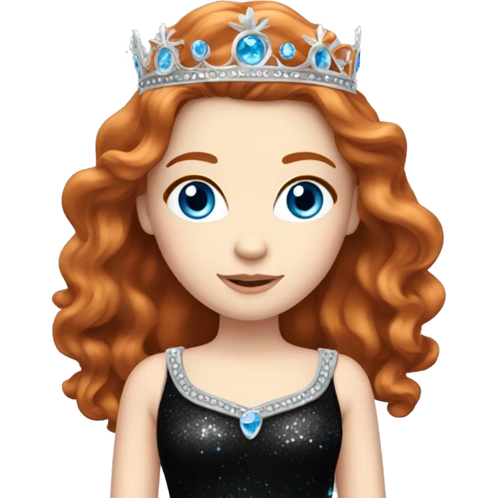 Beautiful girl with long wavy redhair, pale skin and bright blue eyes. She wears a sparkly black dress and a silver crown  emoji
