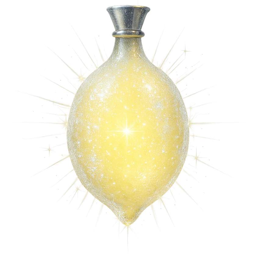frozen lemon-shaped luxurious elixir bottle, frosty pale yellow color, icy sparkling effects, iridescent and silver details, intense magical glowing, very small neck, seamless bottom, transparent background, floating, no base or shadow, modern, matching a collection emoji