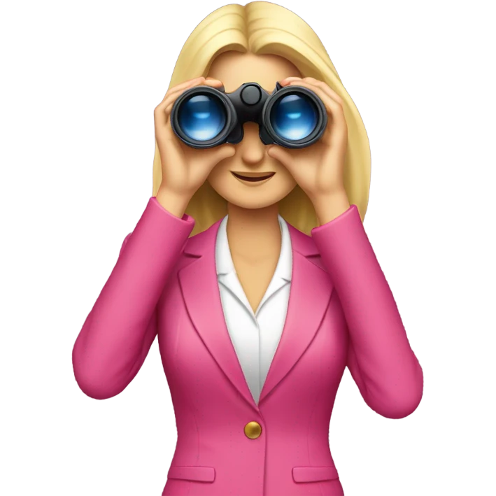 white female employee with loose blonde hair wearing intensive color pink suit looking in binoculars emoji