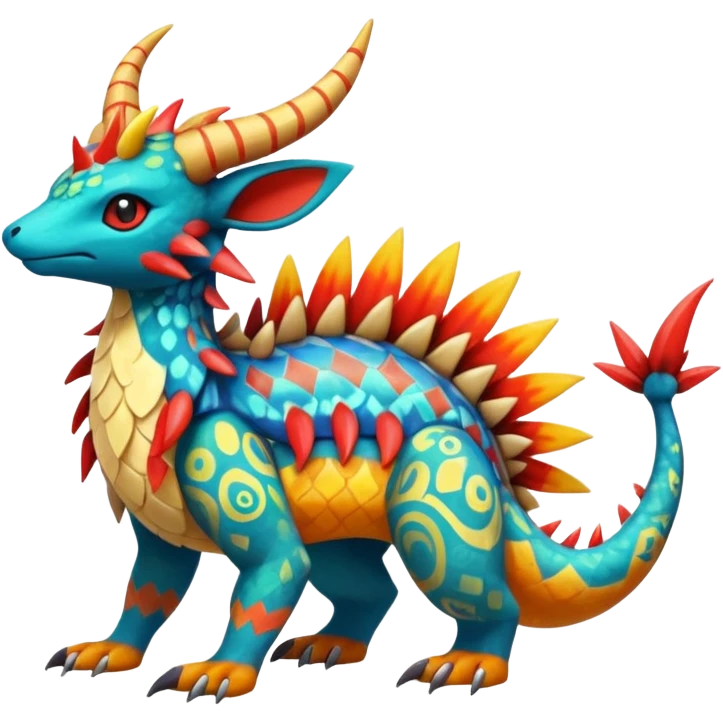 Colorful Exotic tropical Pokémon-Fakémon-hybrid-creature (full body) with tribal intricate splash-markings and patterns and furs and scales and spikes and fins and horns  emoji