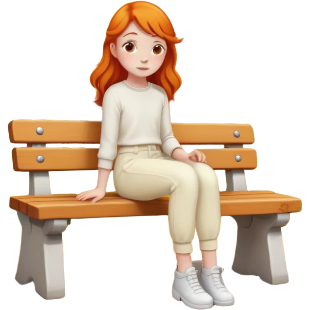 Autumn trees ginger girl sitting on bench wearing cream pants emoji