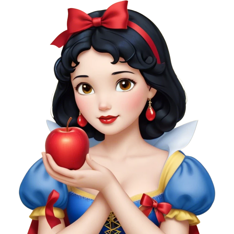 Cinematic Realistic Snow White Portrait, depicted with lifelike skin texture, soft natural lighting, and intricately detailed black hair styled with a red ribbon. Her soft brown eyes radiate innocence and kindness, complemented by a warm, gentle smile. She holds an apple in one hand, her other hand resting against her cheek, embodying her purity and charm. She is dressed in her classic yellow, blue, and red gown, the fabric rich in texture with delicate folds that catch the light beautifully. The portrait features a soft, natural glow with a radiant finish, capturing the essence of timeless beauty in a realistic and painterly style. emoji