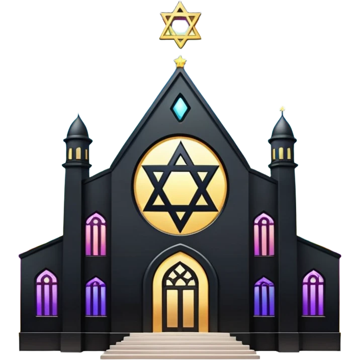 jewish synagogue temple in dark goth aesthetic style with black building and light rainbow tint glass windows and star of david and celestial symbolism emoji