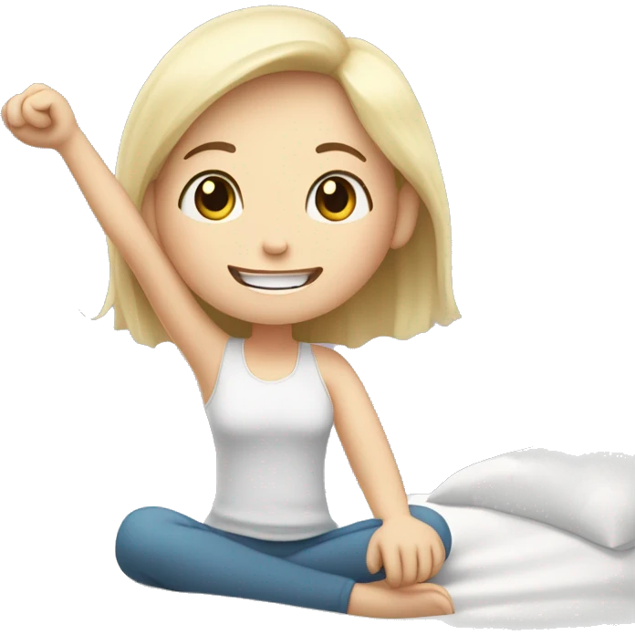 Happy pale girl wakes up in bed and stretches hands up in the air  emoji