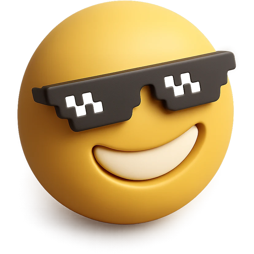 3d yellow emoji circle face with meme glasses, smiling expression emoji