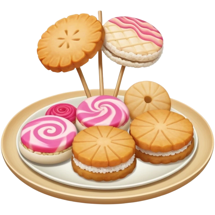 A combination of fish cake with pink swirl (narutomaki), rice cracker (senbei), and dango on a stick arranged together as a Japanese food plate emoji