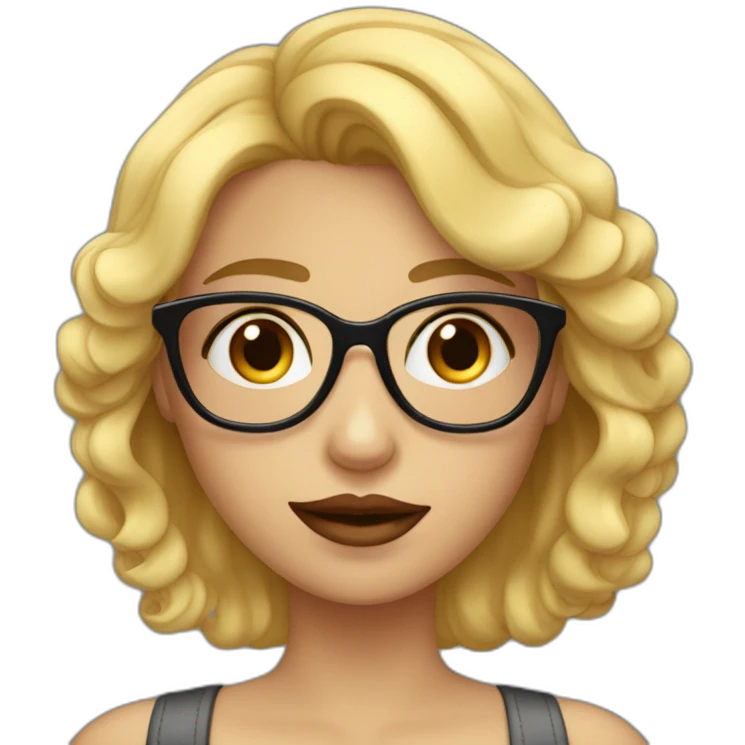 chica rubia con pelo ondulado, ojos azules, labios rojos y gafas negras emoji