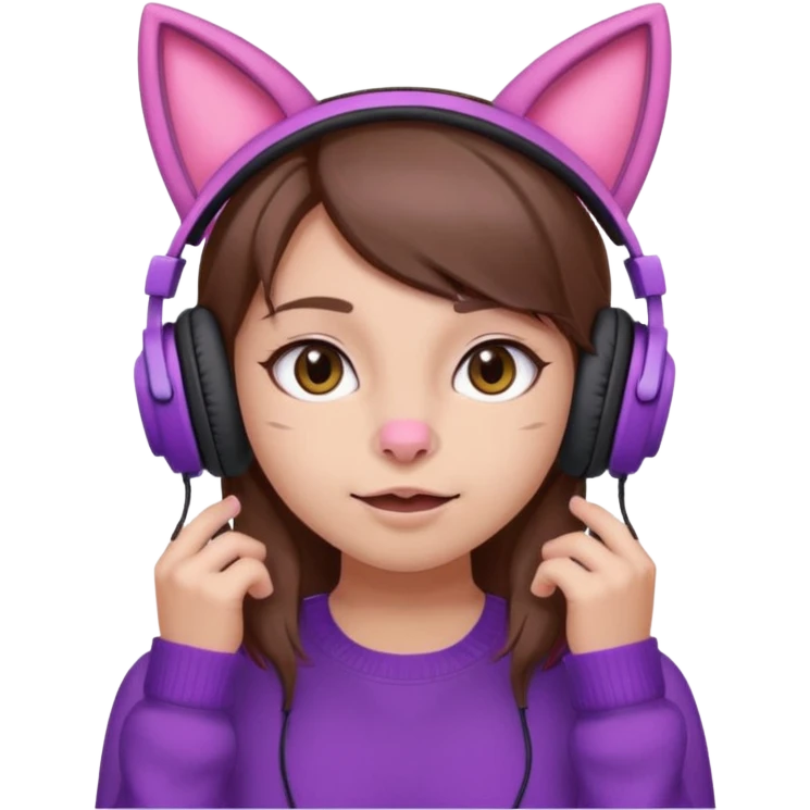 une fille avec des écouteurs de chat rose et des cheveux brun qui fais une grimasse chandaille mauve emoji
