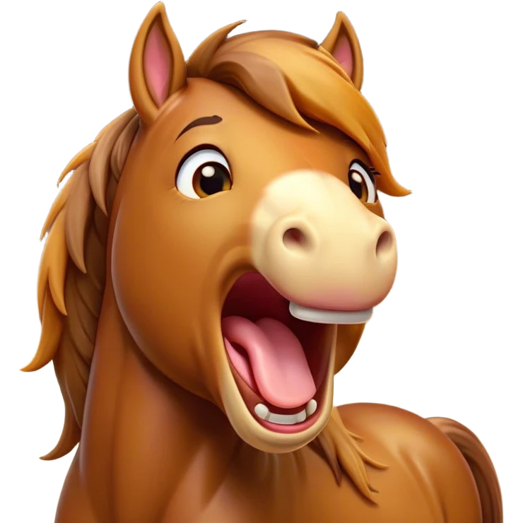 Cinematic Cute Yawning Bay Horse Portrait Emoji, Head tilted slightly with a dramatic, wide-open yawn, revealing a smooth bay fur with a subtle luster, floppy ears slightly drooping, round amber eyes barely open in drowsy contentment, Simplified yet irresistibly adorable features, highly detailed, glowing with a soft, cozy glow, high shine, relaxed yet expressive, stylized with a touch of equine whimsy, bright and endearing, soft glowing outline, capturing the essence of a sleepy yet affectionate horse, so drowsy it feels like it could stretch out of the screen and curl up for a nap! emoji