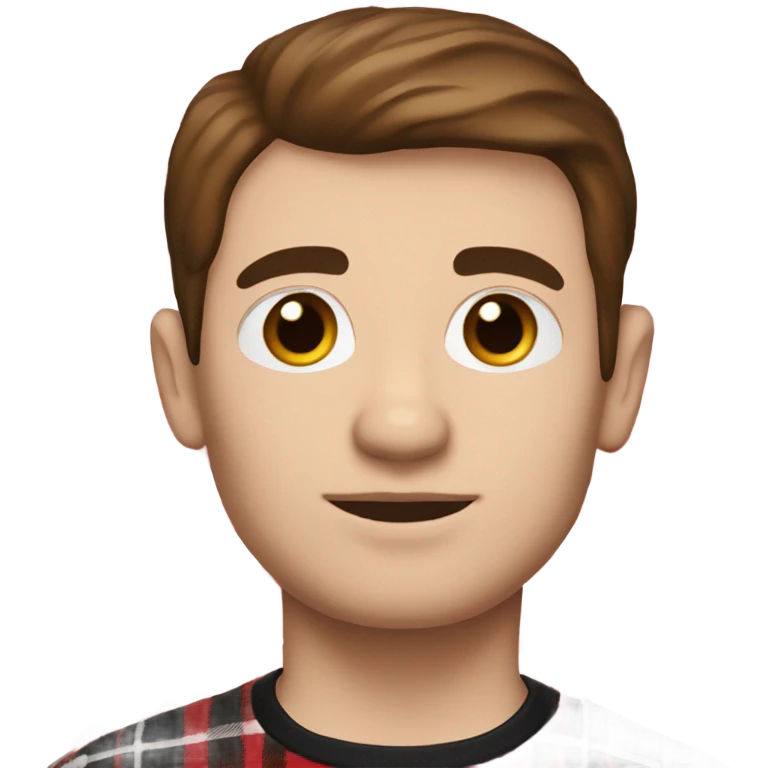 Man with straight brown hair and brown eyes wearing red and black buffalo plaid pjs. White skin. emoji