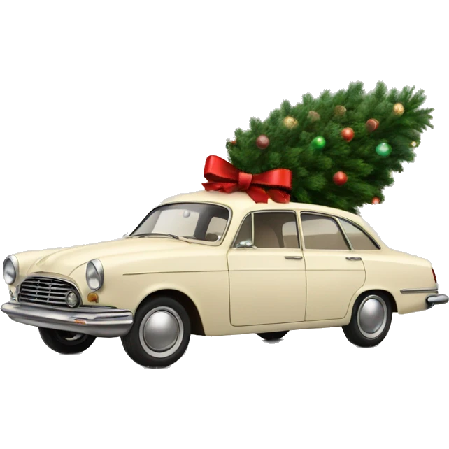 vintage cream car with a christmas tree on top emoji
