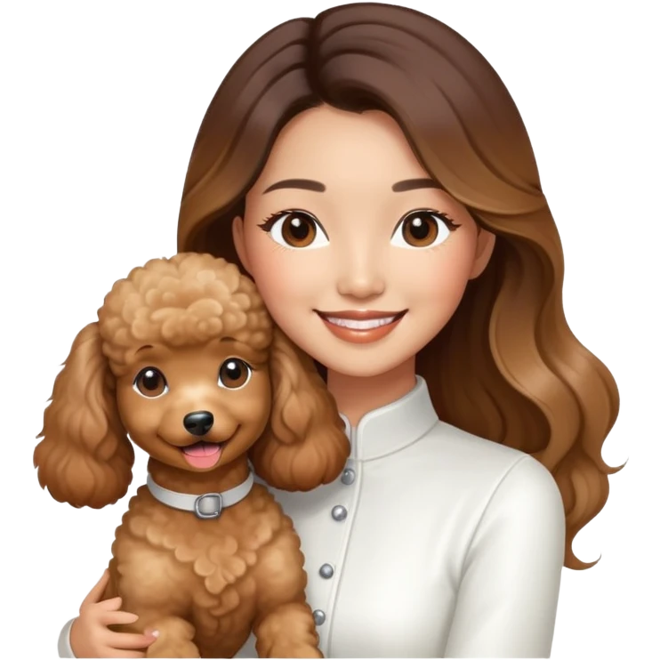 an asian lady with long balayage hair with highlights, long lashes, wearing white outfit, smiling happily, and holding a brown poodle emoji