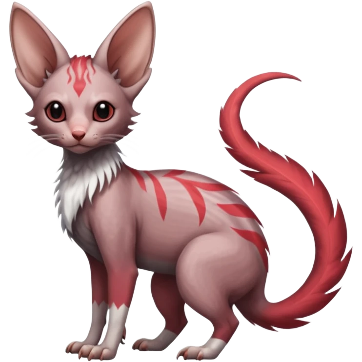 Furry, fluffy feathery scaly, Minccino-Sphynx-Lykoi-Linoone-Zangoose-fusion-hybrid-animal-Fakémon-creature, full body, thin long sleek scaly tail, intricate markings emoji