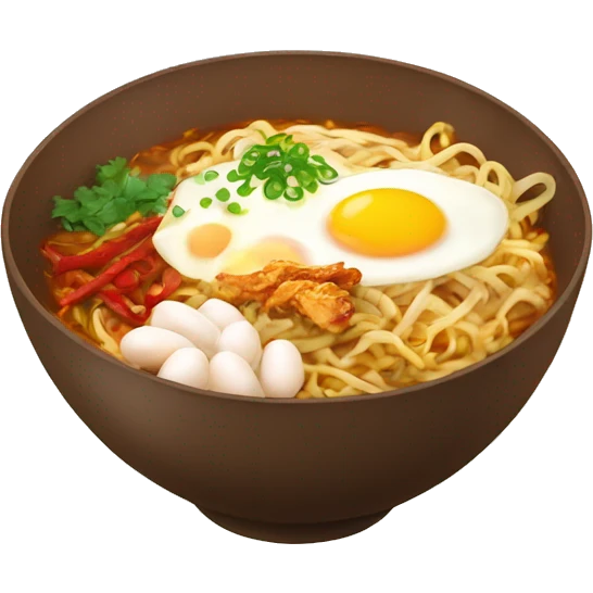 Hot noodles in a brown bowl with eggs chili and chicken  emoji
