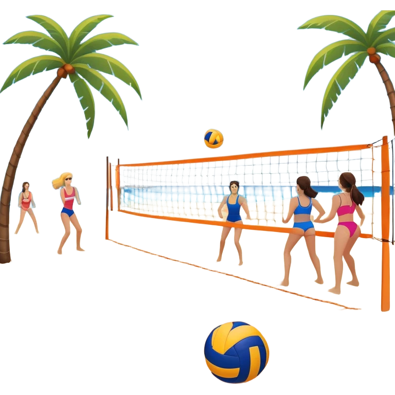A volleyball resting on the orange sand of a beach, with a volleyball net in the background. The scene includes a beautiful beach landscape with blue sea, sky, and palm trees, while a couple of women in swimsuits play in the distance, capturing the relaxed yet competitive vibe of beach volleyball. emoji