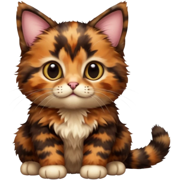 A high-resolution photo-realistic digital illustration of a brown multicoloured  tortoiseshell kitten, chest upward emoji
