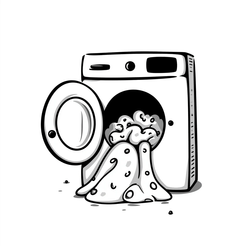 playful hand-drawn doodle of a washing machine with colorful bubbles and clothes peeking out emoji