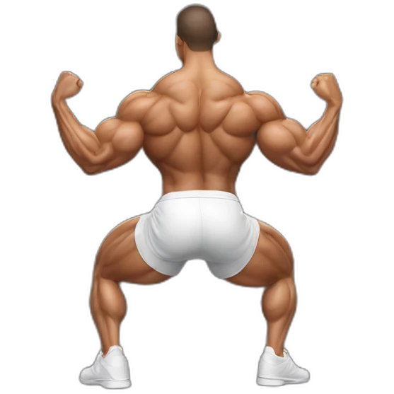 incredibly muscular man low squat dance back view. emoji