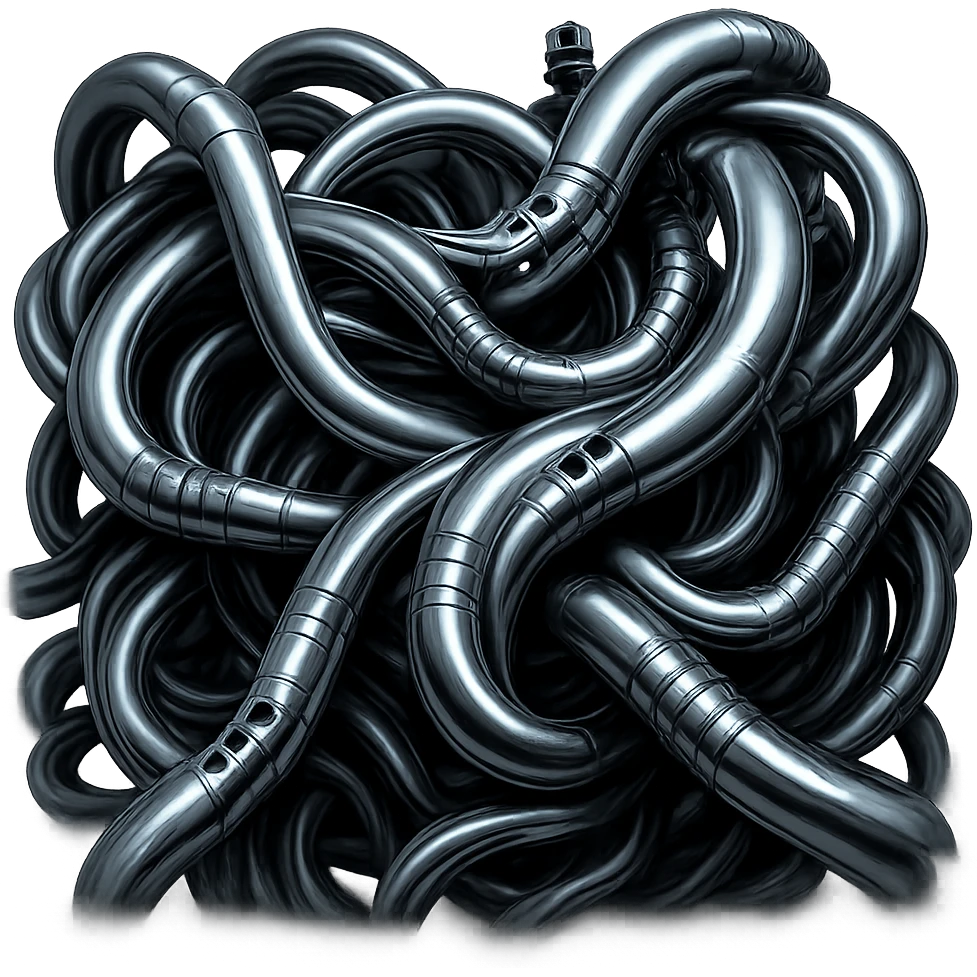 Enhance the tangled cables with metallic, chrome, and steel surfaces, biomechanical, Giger-inspired, dark and surreal. emoji