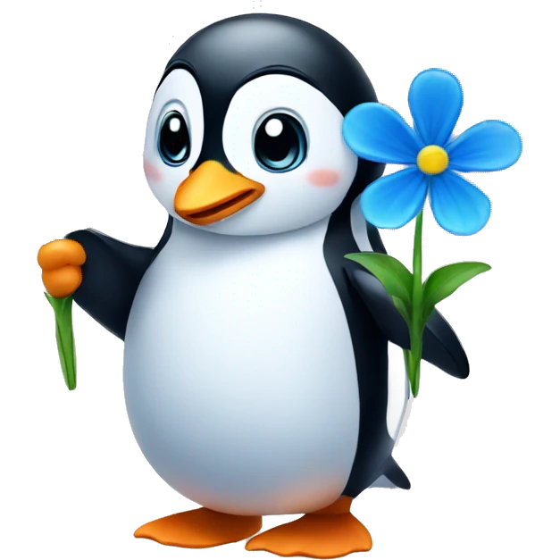 penguin holding blue flower and thumbs up emoji