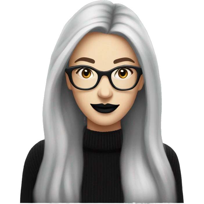 Attractive Caucasian woman with long grey wearing wire frame glasses and black lipstick; black sweater  emoji