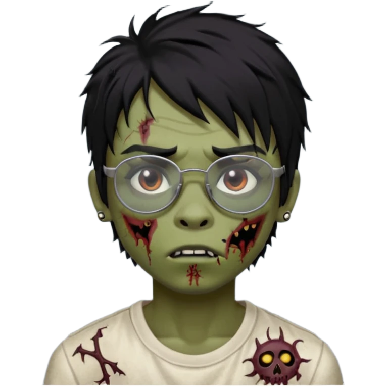 Boy, zombie, black hair, medium long, emo, shaggy, dark, spooky, creepy expression emoji, add dolce gabanna glasses, a risk on the eyebrow, some tattos  emoji