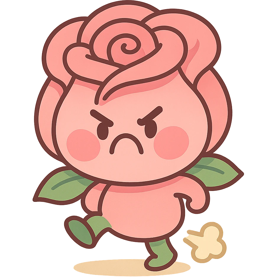 soft pink rose flower with puffed cheeks and an angry pouty face, stomping adorably, pastel tones, chibi round shape, pastel-toon style emoji