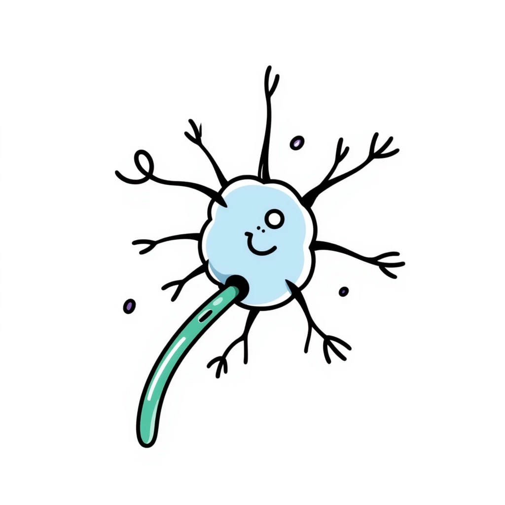 Anatomical neuron illustration with neuroprotective elements: blue cell body (soma), purple dendrites branching out, long green axon with myelin sheath, and protective shield-like aura surrounding the entire neuron. Hand-drawn detailed scientific diagram with glowing protective barrier. emoji