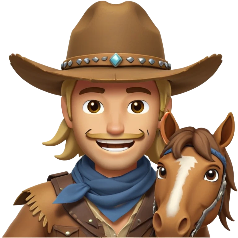 clash-of-clans-aesthetic_-cinematic-playful-cowboy-portrait-emoji, head-tilted with a roguish, cheeky grin and twinkling eyes, featuring a rugged, spirited build with a wide-brimmed cowboy hat and a weathered bandana on tan skin, riding a powerful galloping horse with dynamic flowing mane, reins gripped firmly in one hand and a lasso in the other, as dust swirls behind them in a vast desert landscape. emoji