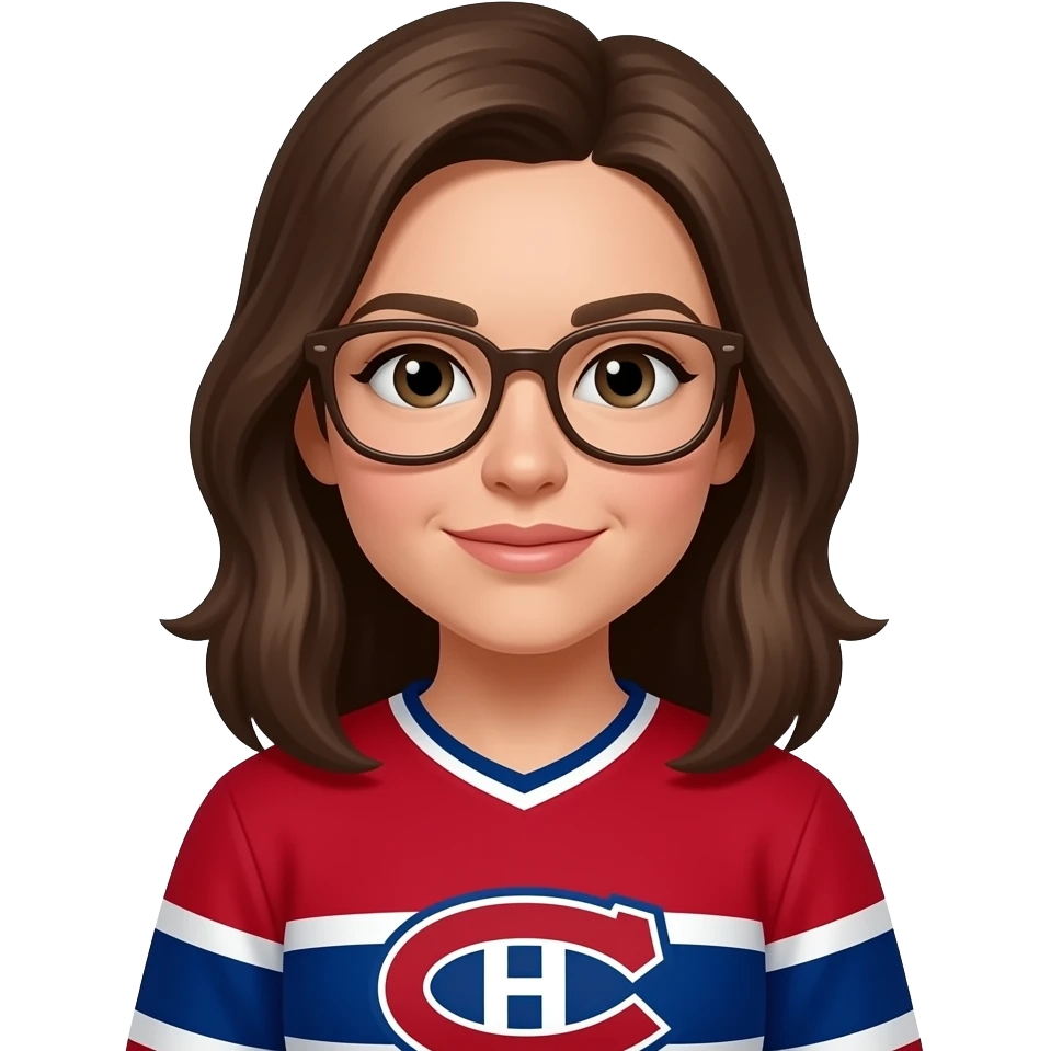 Female Montreal Canadiens fan Female medium brown hair brown frame glasses big nose long face emoji