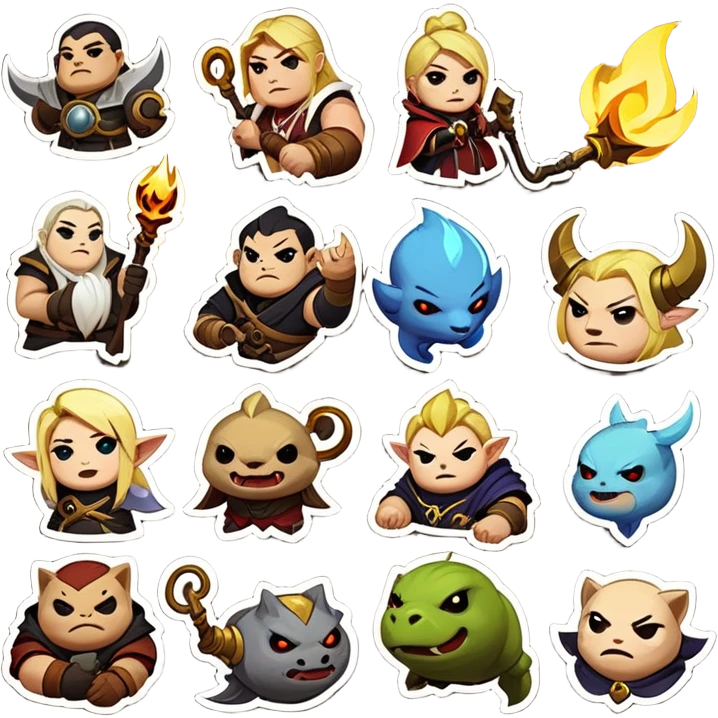 Prompt:**  
*"Create a set of fun, expressive Telegram sticker designs in a cartoonish or semi-realistic style, themed around Dota 2. Include:  
- Hero abilities (e.g., Pudge’s hook, Invoker’s spells) as playful icons.  
- Meme-worthy hero reactions (e.g., tilted Techies, smug Anti-Mage).  
- Classic in-game items (e.g., Blink Dagger, Divine Rapier) with exaggerated emotions.  
- Chat phrases like ‘GGWP,’ ‘?,’ ‘Report,’ or ‘Missing’ in bold, punchy text.  
- Teamfight chaos with stylized explosions or ‘WTF’ moments.  

Style: Bright colors, thick outlines for readability, and exaggerated facial expressions. Avoid tiny details—stickers should be clear even at small sizes. Background: Transparent or simple gradient. Mood: Humorous, hype, or salt-inducing!"*  emoji