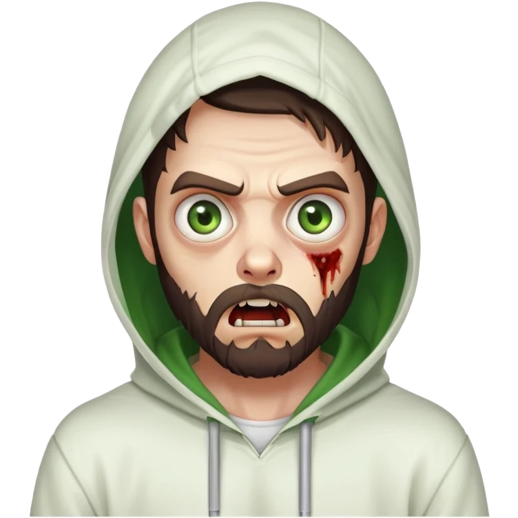 zombie with shocked expression, undercut hairstyle with dark brown hair, short full beard, heterochromia with one green eye and one brown eye, wearing plain white hoodie with hood up emoji