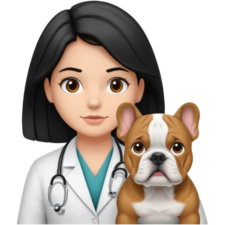 joven médico con el pelo un poco largo pero no tanto y lacio, que tenga un estetoscopio de color de piel tez negra calida !!! que sostiene un bulldog francés blanco y negro  emoji