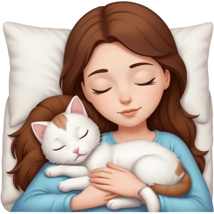 White girl brown hair sleeping with white kitty emoji