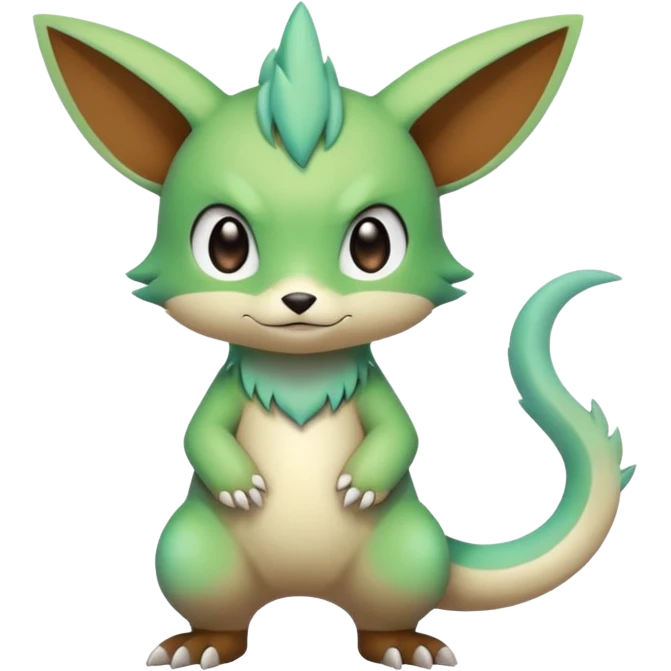 Pastel warm colorful-green-brown-gradient anime-styled edgy cool badass cute random Fakémon-creature, with random markings, full body emoji