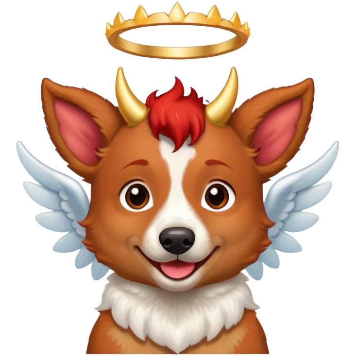 Red heeler with devel horns and angle halo emoji