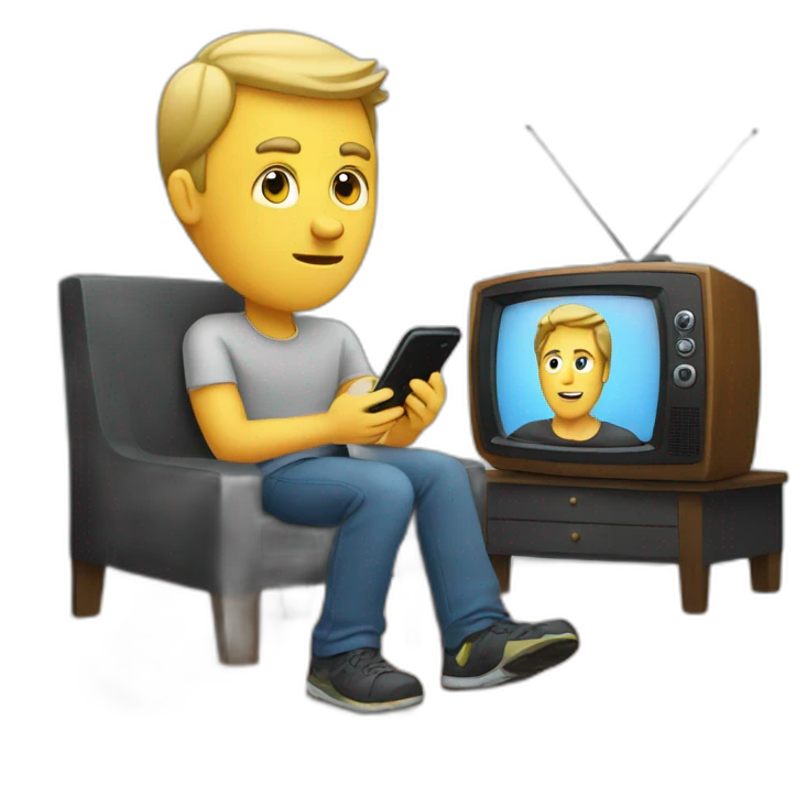a man looking a phone in front of a television emoji