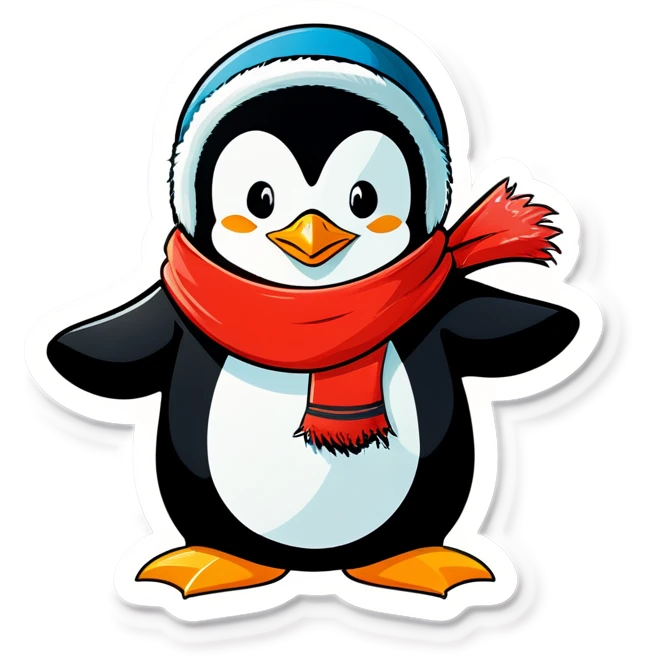 Pinguin der dick in Klamotten Mütze Schal und Jacke trägt der auf der auf dem Bauch ￼Eisscholle runterrutscht  emoji