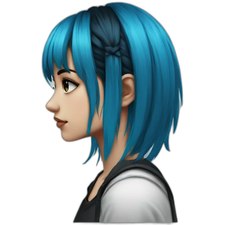 Side profile sad emo girl, black makeup, long choppy blue hair side bangs emoji