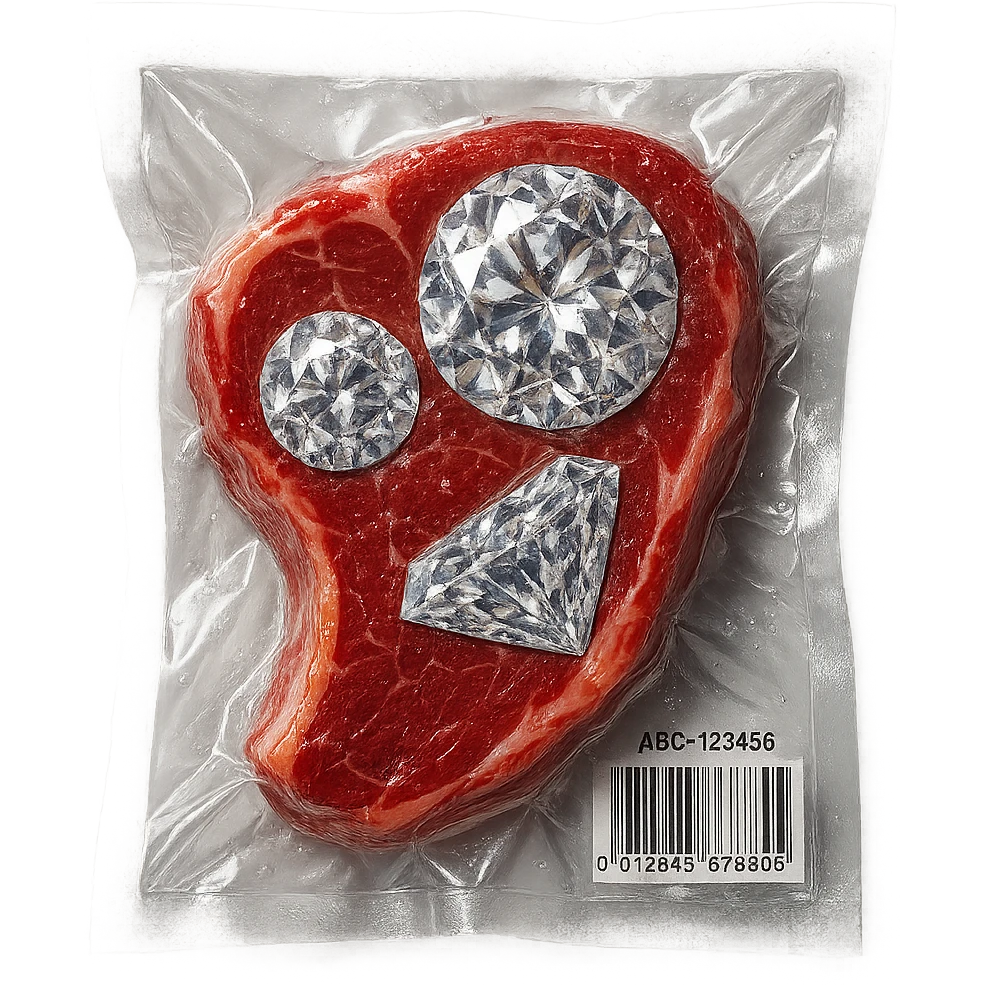 meat steak with sparkling diamond facets, glossy and puffy, vacuum-sealed style emoji