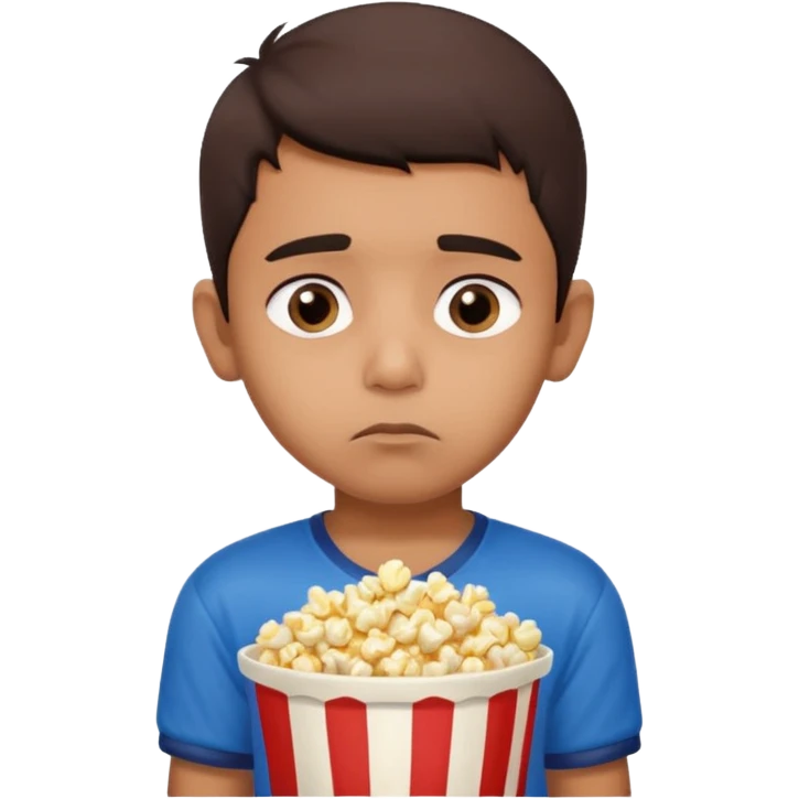 an indian boy wearing indian cricket jersey and eating popcorn and looking sad emoji
