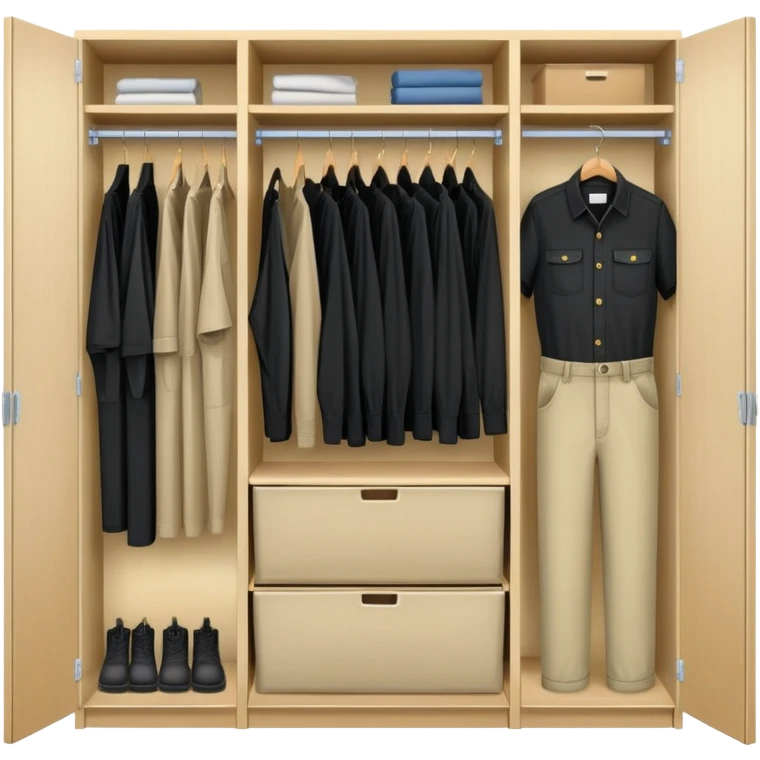 Wardrobe with both doors open showing organized collection of black shirts, khaki pants and overalls for work emoji