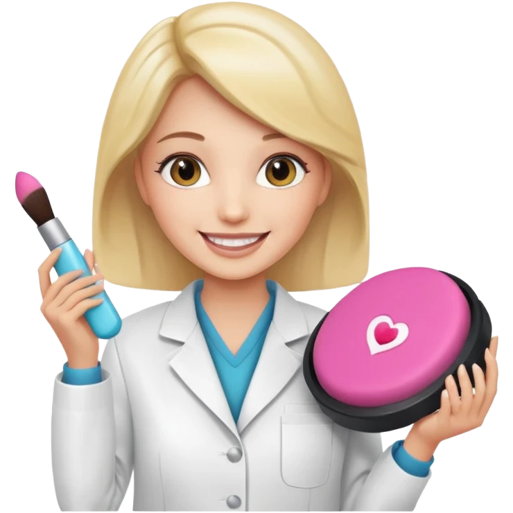 woman wearing a lab jacket holding a makeup cushion showing pride in new technology emoji