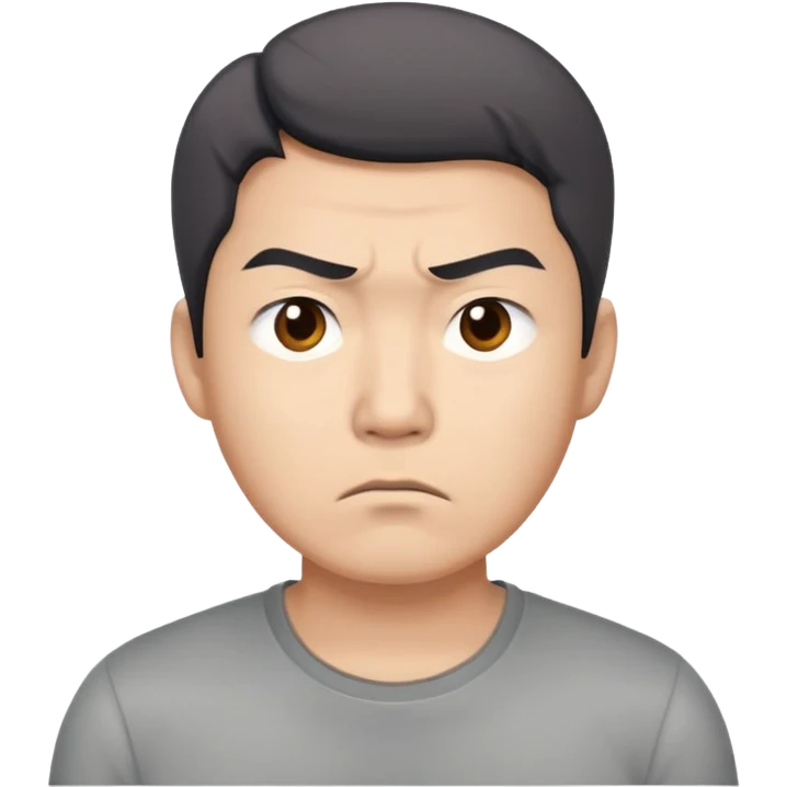 Asian man in a gray shirt with a frown emoji