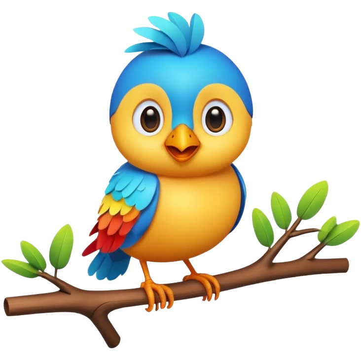 A colorful 3D cartoon bird perched on a small branch, bright feathers, round eyes, and cheerful smile, soft lighting, Memoji-style rendering. emoji