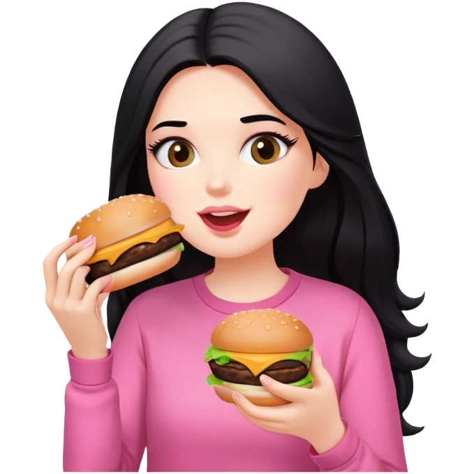 White girl in pink clothes and long black hair eating burger emoji