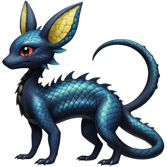 Shiny beautiful gorgeous ethereal Scaley Exotic Salandit-Umbreon-Noibat-Fakémon-hybrid-creature (full body) emoji